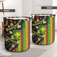 Hawaiian Tropical Plants Lei Laundry Basket Kanaka Maoli Tribal with Palaka Motifs - Polynesian Pride