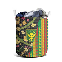 Hawaiian Tropical Plants Lei Laundry Basket Kanaka Maoli Tribal with Palaka Motifs - Polynesian Pride