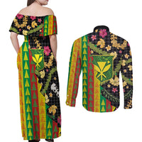Hawaiian Tropical Plants Lei Couples Matching Off Shoulder Maxi Dress and Long Sleeve Button Shirt Kanaka Maoli Tribal with Palaka Motifs - Polynesian Pride