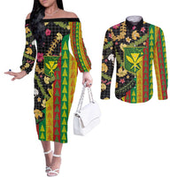 Hawaiian Tropical Plants Lei Couples Matching Off The Shoulder Long Sleeve Dress and Long Sleeve Button Shirt Kanaka Maoli Tribal with Palaka Motifs - Polynesian Pride
