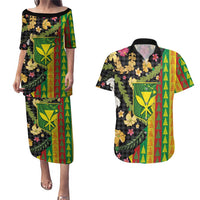 Hawaiian Tropical Plants Lei Couples Matching Puletasi and Hawaiian Shirt Kanaka Maoli Tribal with Palaka Motifs - Polynesian Pride
