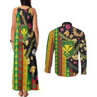 Hawaiian Tropical Plants Lei Couples Matching Tank Maxi Dress and Long Sleeve Button Shirt Kanaka Maoli Tribal with Palaka Motifs - Polynesian Pride