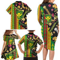 Hawaiian Tropical Plants Lei Family Matching Long Sleeve Bodycon Dress and Hawaiian Shirt Kanaka Maoli Tribal with Palaka Motifs - Polynesian Pride