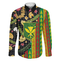 Hawaiian Tropical Plants Lei Family Matching Off Shoulder Short Dress and Hawaiian Shirt Kanaka Maoli Tribal with Palaka Motifs LT03 Dad's Shirt - Long Sleeve Multicolor - Polynesian Pride