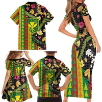 Hawaiian Tropical Plants Lei Family Matching Short Sleeve Bodycon Dress and Hawaiian Shirt Kanaka Maoli Tribal with Palaka Motifs - Polynesian Pride
