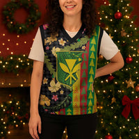 Hawaiian Tropical Plants Lei Christmas Knitted V-Neck Vest Kanaka Maoli Tribal with Palaka Motifs - Polynesian Pride