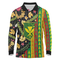 Hawaiian Tropical Plants Lei Long Sleeve Polo Shirt Kanaka Maoli Tribal with Palaka Motifs - Polynesian Pride