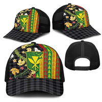 Hawaiian Tropical Plants Lei Mesh Trucker Cap Kanaka Maoli Tribal with Palaka Motifs - Polynesian Pride