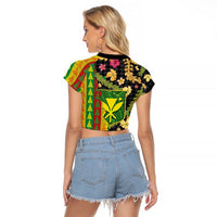 Hawaiian Tropical Plants Lei Raglan Cropped T Shirt Kanaka Maoli Tribal with Palaka Motifs - Polynesian Pride