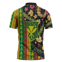 Hawaiian Tropical Plants Lei Zipper Polo Shirt Kanaka Maoli Tribal with Palaka Motifs - Polynesian Pride