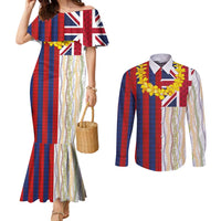 Hawaiian Tropical Plants Lei Couples Matching Mermaid Dress and Long Sleeve Button Shirt National Flag Style - Polynesian Pride