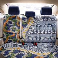 Hawaiian Plumeria Lei Back Car Seat Cover Kakau Motifs and Palaka Half Style Blue Color - Polynesian Pride