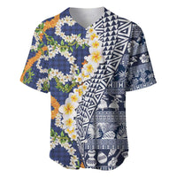 Hawaiian Plumeria Lei Baseball Jersey Kakau Motifs and Palaka Half Style Blue Color - Polynesian Pride