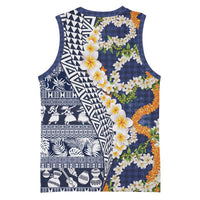 Hawaiian Plumeria Lei Basketball Jersey Kakau Motifs and Palaka Half Style Blue Color - Polynesian Pride