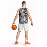 Hawaiian Plumeria Lei Basketball Jersey Kakau Motifs and Palaka Half Style Blue Color - Polynesian Pride