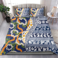 Hawaiian Plumeria Lei Bedding Set Kakau Motifs and Palaka Half Style Blue Color - Polynesian Pride