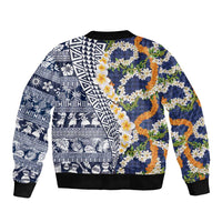 Hawaiian Plumeria Lei Bomber Jacket Kakau Motifs and Palaka Half Style Blue Color LT03 - Polynesian Pride