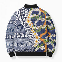 Hawaiian Plumeria Lei Bomber Puffer Jacket Kakau Motifs and Palaka Half Style Blue Color - Polynesian Pride