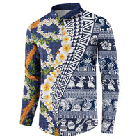 Hawaiian Plumeria Lei Button Sweatshirt Kakau Motifs and Palaka Half Style Blue Color - Polynesian Pride