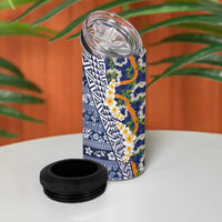 Hawaiian Plumeria Lei 4 in 1 Can Cooler Tumbler Kakau Motifs and Palaka Half Style Blue Color - Polynesian Pride