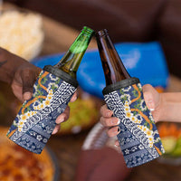 Hawaiian Plumeria Lei 4 in 1 Can Cooler Tumbler Kakau Motifs and Palaka Half Style Blue Color - Polynesian Pride