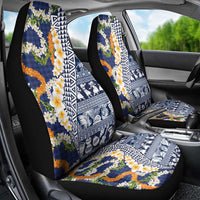 Hawaiian Plumeria Lei Car Seat Cover Kakau Motifs and Palaka Half Style Blue Color - Polynesian Pride