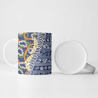 Hawaiian Plumeria Lei Ceramic Mug Kakau Motifs and Palaka Half Style Blue Color - Polynesian Pride