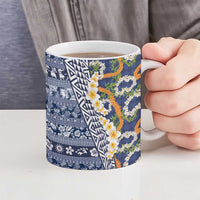 Hawaiian Plumeria Lei Ceramic Mug Kakau Motifs and Palaka Half Style Blue Color - Polynesian Pride