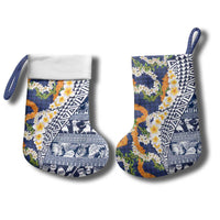 Hawaiian Plumeria Lei Christmas Stocking Kakau Motifs and Palaka Half Style Blue Color - Polynesian Pride