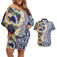 Hawaiian Plumeria Lei Couples Matching Off Shoulder Short Dress and Hawaiian Shirt Kakau Motifs and Palaka Half Style Blue Color - Polynesian Pride