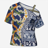 Hawaiian Plumeria Lei Cross Shoulder Shirt Kakau Motifs and Palaka Half Style Blue Color - Polynesian Pride
