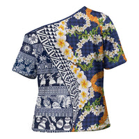 Hawaiian Plumeria Lei Cross Shoulder Shirt Kakau Motifs and Palaka Half Style Blue Color - Polynesian Pride