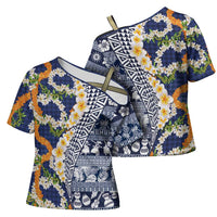 Hawaiian Plumeria Lei Cross Shoulder Shirt Kakau Motifs and Palaka Half Style Blue Color - Polynesian Pride