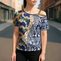 Hawaiian Plumeria Lei Cross Shoulder Shirt Kakau Motifs and Palaka Half Style Blue Color - Polynesian Pride