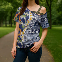 Hawaiian Plumeria Lei Cross Shoulder Shirt Kakau Motifs and Palaka Half Style Blue Color - Polynesian Pride