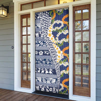Hawaiian Plumeria Lei Door Cover Kakau Motifs and Palaka Half Style Blue Color - Polynesian Pride
