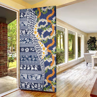 Hawaiian Plumeria Lei Door Cover Kakau Motifs and Palaka Half Style Blue Color - Polynesian Pride