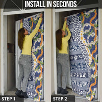 Hawaiian Plumeria Lei Door Cover Kakau Motifs and Palaka Half Style Blue Color - Polynesian Pride