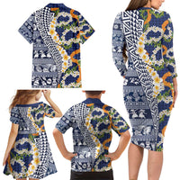 Hawaiian Plumeria Lei Family Matching Long Sleeve Bodycon Dress and Hawaiian Shirt Kakau Motifs and Palaka Half Style Blue Color - Polynesian Pride