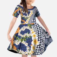 Hawaiian Plumeria Lei Family Matching Mermaid Dress and Hawaiian Shirt Kakau Motifs and Palaka Half Style Blue Color LT03 Daughter's Dress Blue - Polynesian Pride