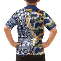 Hawaiian Plumeria Lei Family Matching Off The Shoulder Long Sleeve Dress and Hawaiian Shirt Kakau Motifs and Palaka Half Style Blue Color LT03 - Polynesian Pride