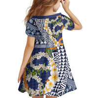 Hawaiian Plumeria Lei Family Matching Off The Shoulder Long Sleeve Dress and Hawaiian Shirt Kakau Motifs and Palaka Half Style Blue Color LT03 - Polynesian Pride