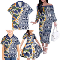 Hawaiian Plumeria Lei Family Matching Off The Shoulder Long Sleeve Dress and Hawaiian Shirt Kakau Motifs and Palaka Half Style Blue Color - Polynesian Pride
