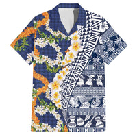 Hawaiian Plumeria Lei Family Matching Off The Shoulder Long Sleeve Dress and Hawaiian Shirt Kakau Motifs and Palaka Half Style Blue Color LT03 Dad's Shirt - Short Sleeve Blue - Polynesian Pride