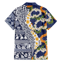 Hawaiian Plumeria Lei Family Matching Off Shoulder Maxi Dress and Hawaiian Shirt Kakau Motifs and Palaka Half Style Blue Color LT03 - Polynesian Pride