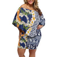 Hawaiian Plumeria Lei Family Matching Off Shoulder Short Dress and Hawaiian Shirt Kakau Motifs and Palaka Half Style Blue Color - Polynesian Pride