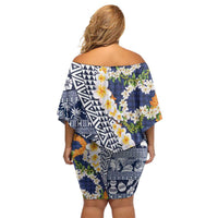Hawaiian Plumeria Lei Family Matching Off Shoulder Short Dress and Hawaiian Shirt Kakau Motifs and Palaka Half Style Blue Color LT03 - Polynesian Pride