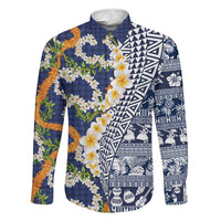 Hawaiian Plumeria Lei Family Matching Puletasi and Hawaiian Shirt Kakau Motifs and Palaka Half Style Blue Color LT03 Dad's Shirt - Long Sleeve Blue - Polynesian Pride