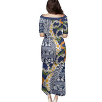 Hawaiian Plumeria Lei Family Matching Puletasi and Hawaiian Shirt Kakau Motifs and Palaka Half Style Blue Color - Polynesian Pride