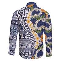 Hawaiian Plumeria Lei Family Matching Short Sleeve Bodycon Dress and Hawaiian Shirt Kakau Motifs and Palaka Half Style Blue Color - Polynesian Pride